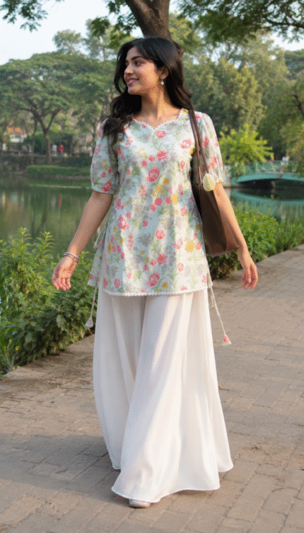 "Haifa" Floral Top with Flowy White Palazzo W3
