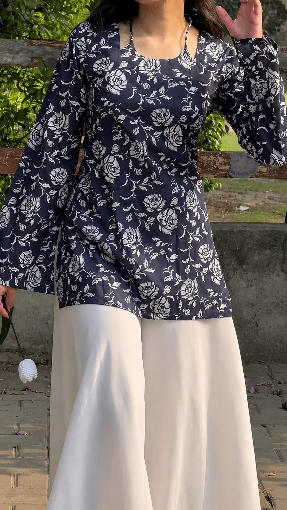 “Arla” Floral Top with Flowy White Palazzo W24 - women dress online bd