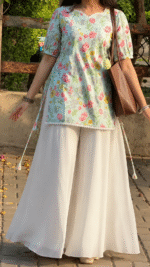 "Haifa" Floral Top with Flowy White Palazzo W3 - Image 4