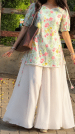 "Haifa" Floral Top with Flowy White Palazzo W3 - Image 3