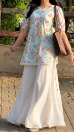 "Haifa" Floral Top with Flowy White Palazzo W3 - Image 2