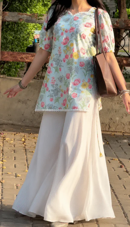 “Haifa” Floral Top with Flowy White Palazzo W3 - women dress online bd