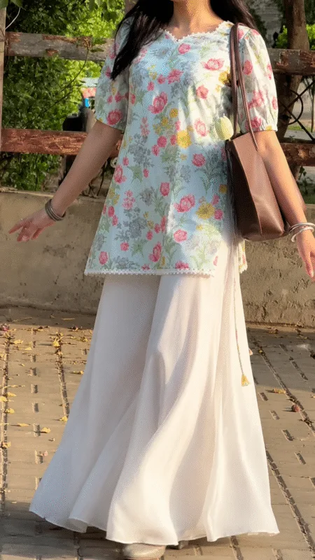 “Haifa” Floral Top with Flowy White Palazzo W3 - women dress online bd