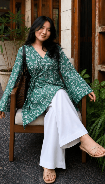 “Ema” Floral Top with Flowy White Palazzo W26 – detail view 4