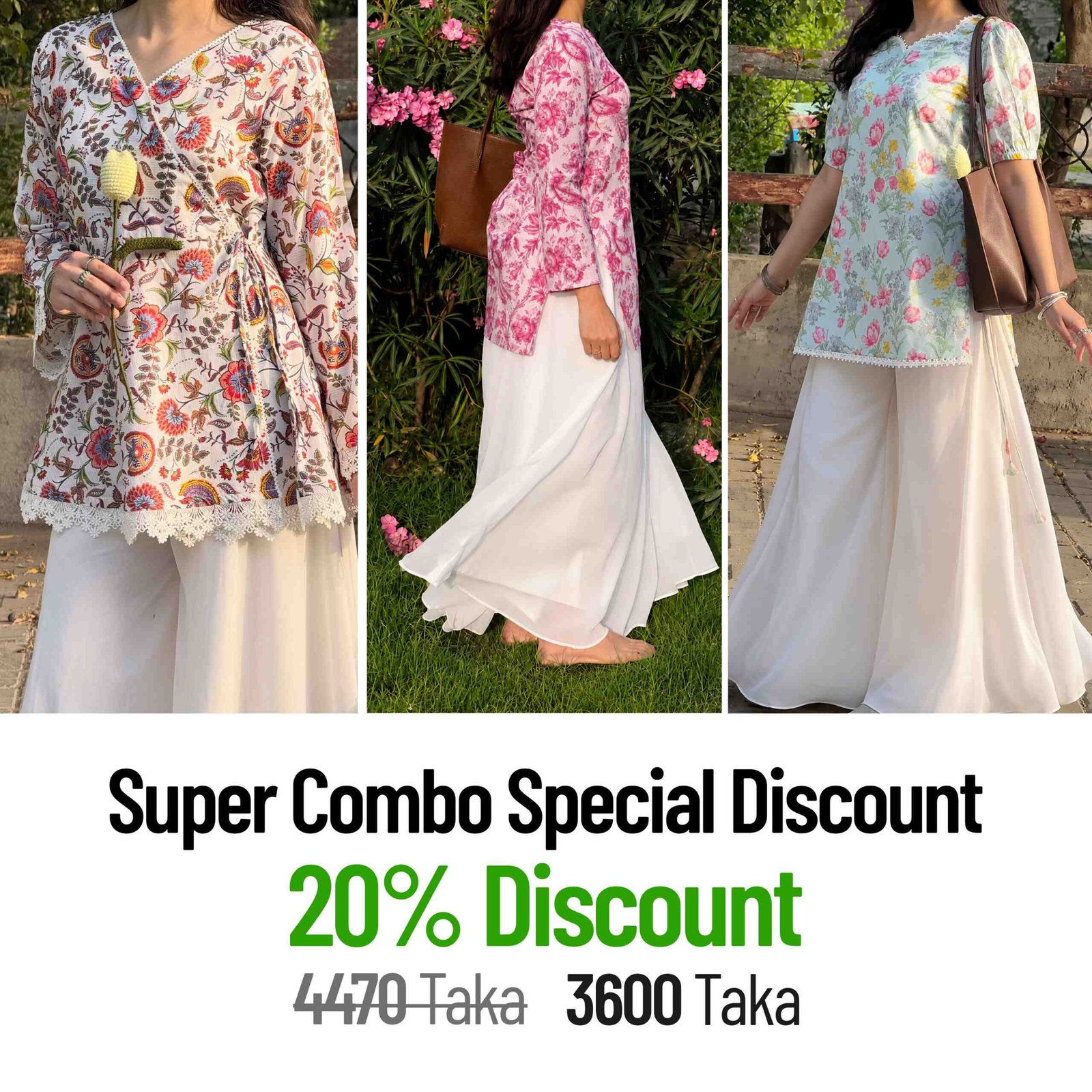 W22-W3-W23 Discount 3 Floral Top with Flowy White Palazzo – product view