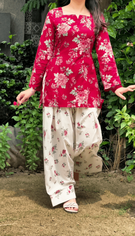 Red Vine Floral Top with Flowy Farshi Salwar W29