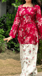 Red Vine Floral Top with Flowy Farshi Salwar W29 - Image 3