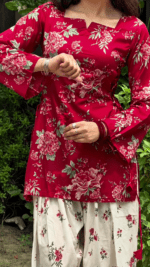 Red Vine Floral Top with Flowy Farshi Salwar W29 - Image 4