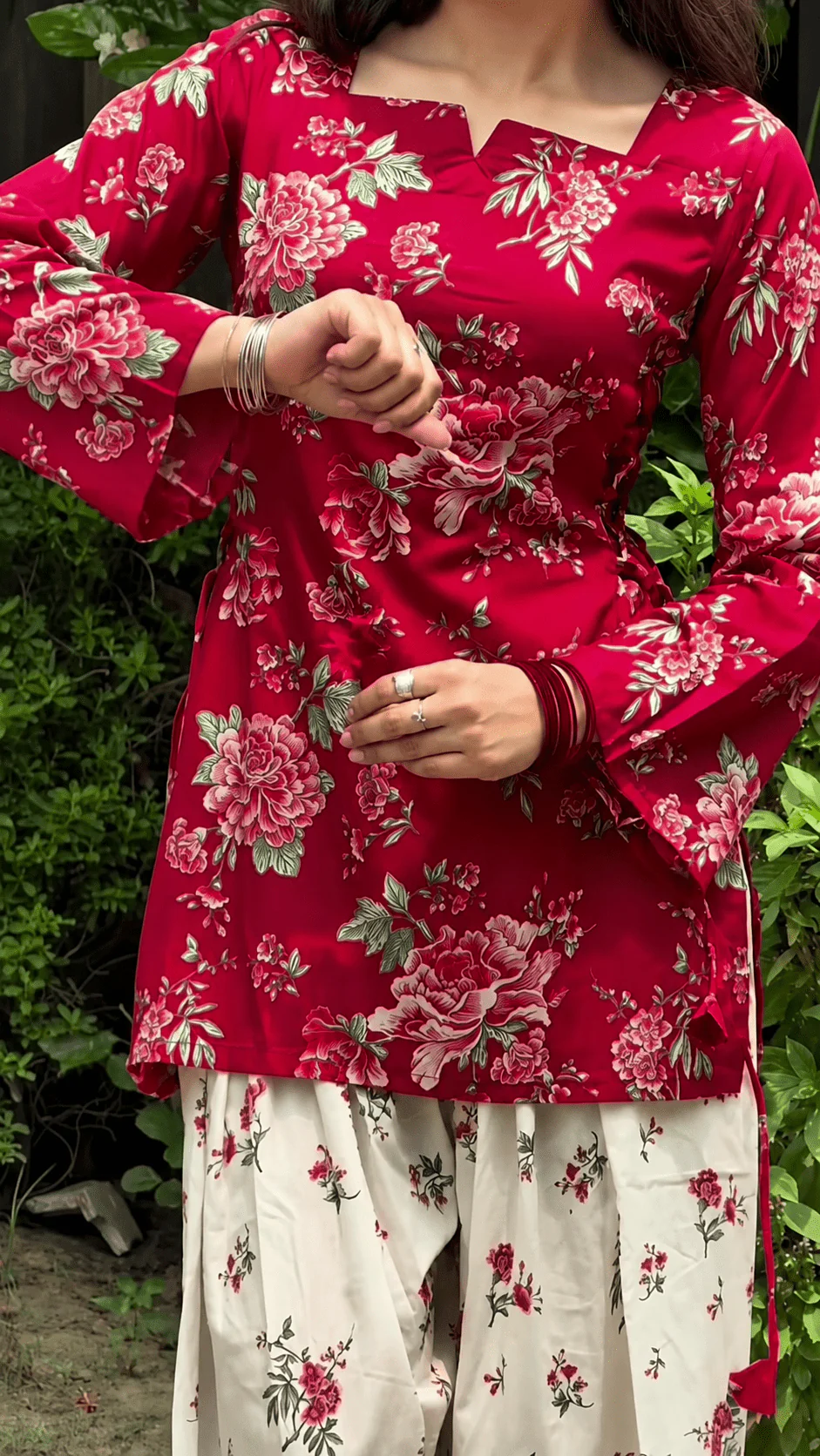 Red Vine Floral Top with Flowy Farshi Salwar W29 - Image 4