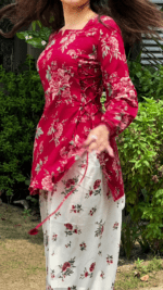 Red Vine Floral Top with Flowy Farshi Salwar W29 - Image 6
